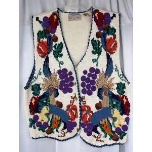 VTG Christina Hope Hand Knitted Vest Large Cream Floral Fruit Grapes Ramie Knit